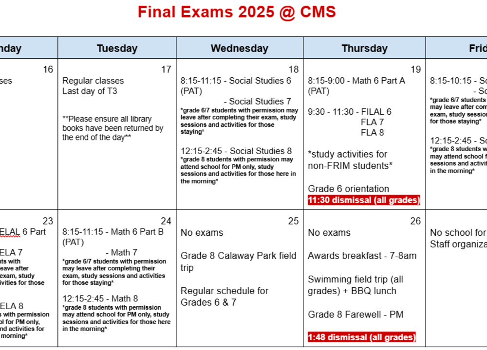 Exam calendar